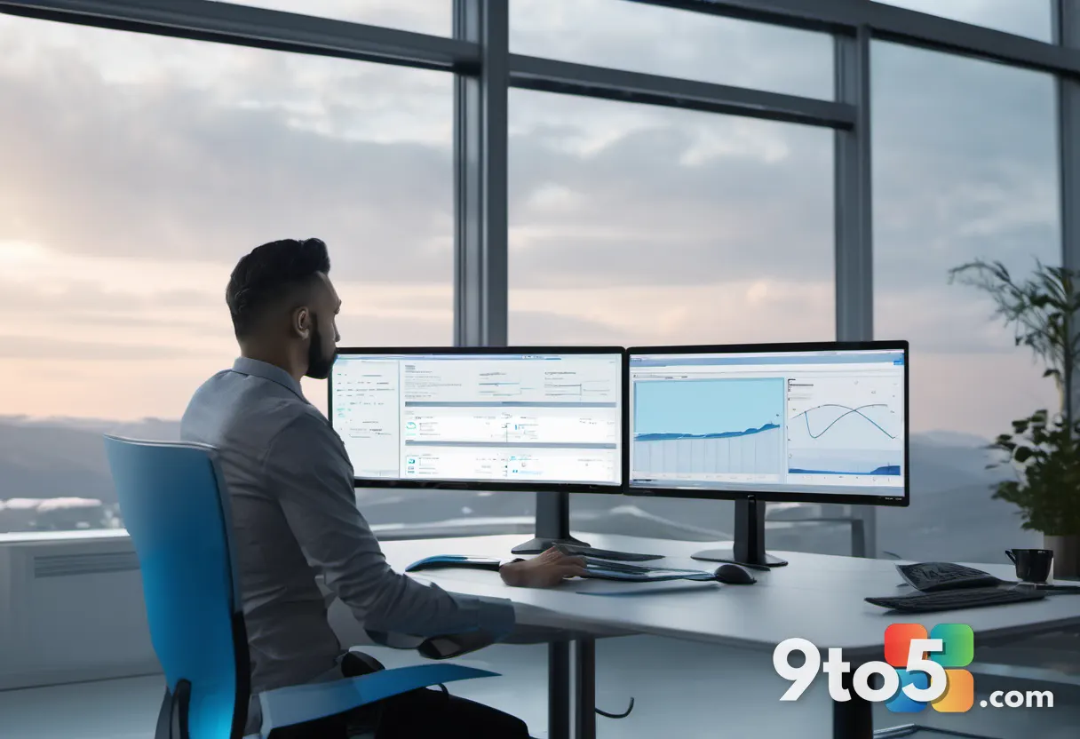An IT administrator sitting at a tidy desk reviewing a large monitor showing a cloud deployment dashboard, soft office l