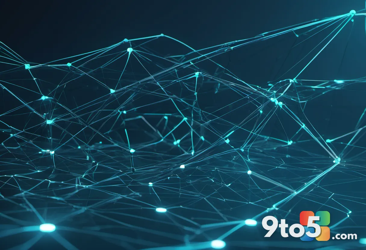 An abstract visualization of connected data nodes and glowing lines forming an AI insight network, deep blue and teal co