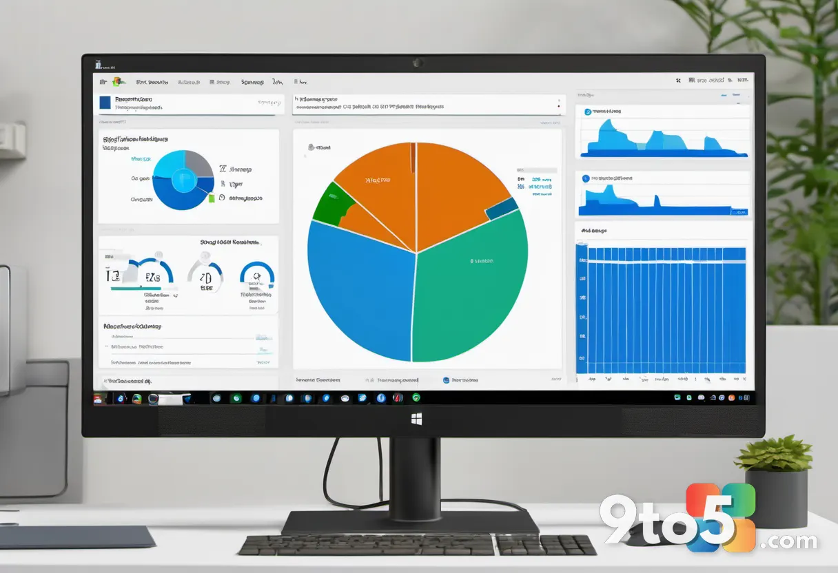 A Microsoft 365 admin dashboard on a computer monitor showing storage usage charts and budget alert settings, office env