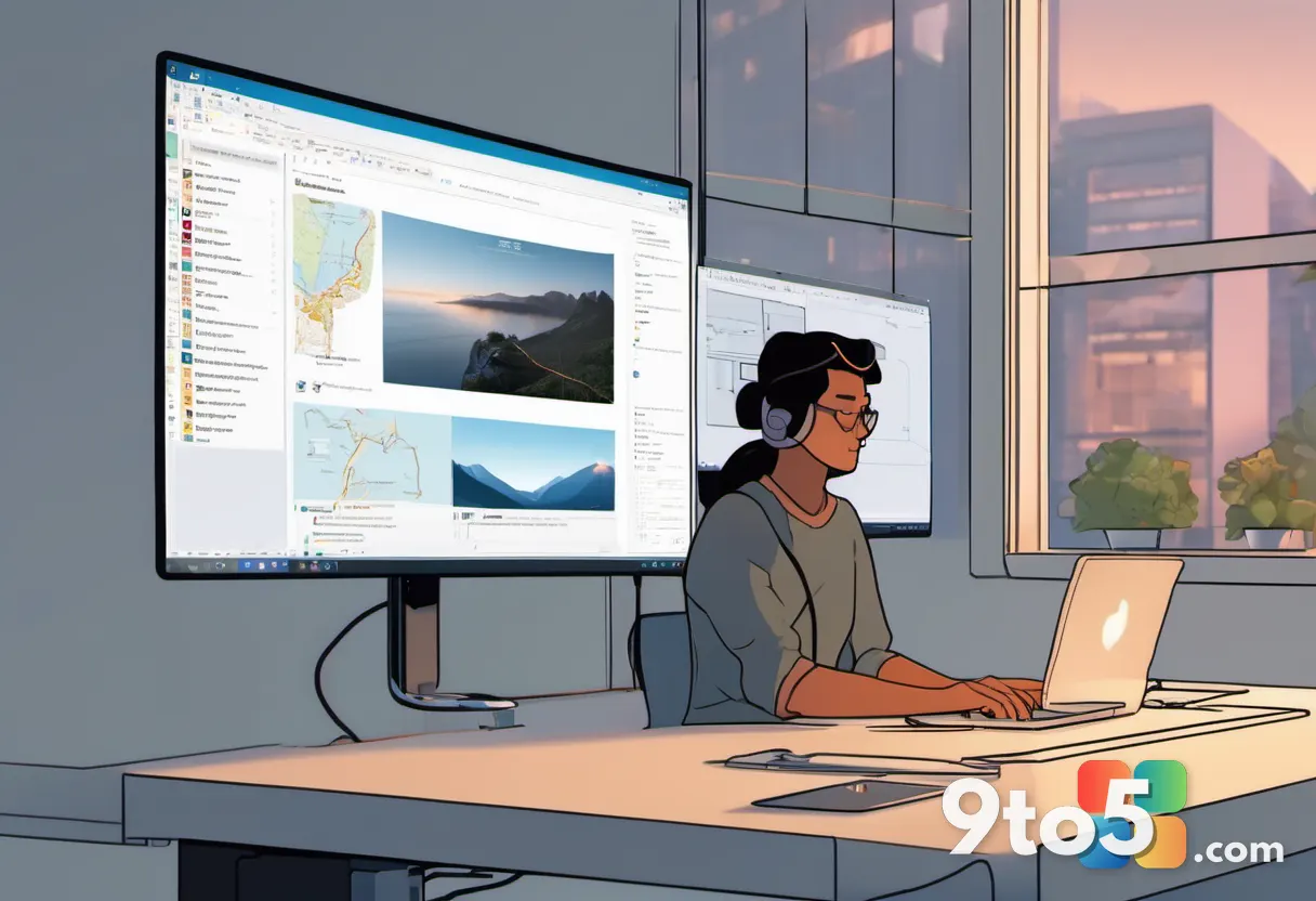 A person working at a desk viewing the Microsoft Edge browser on a monitor, with a subtle Copilot AI assistant panel vis