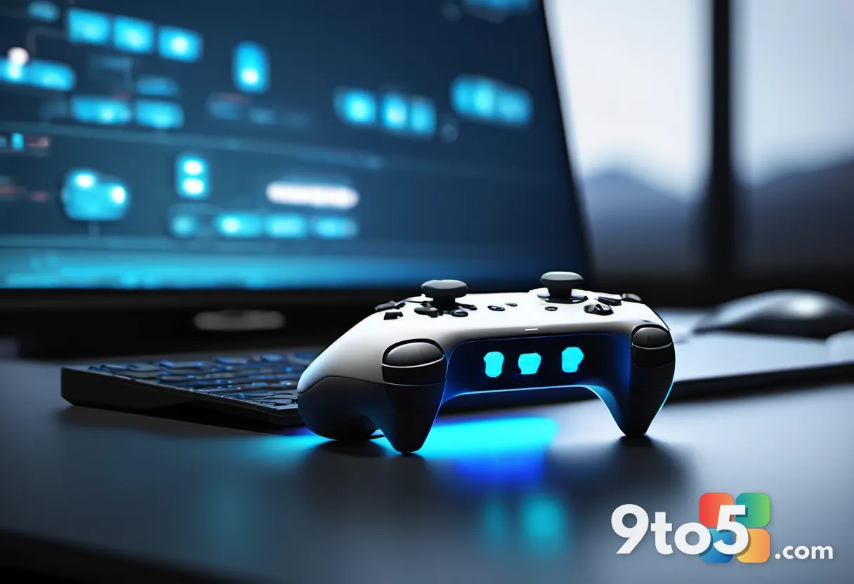 A close-up of a modern white gaming controller with soft blue LED lighting, resting on a sleek desk beside a streaming l