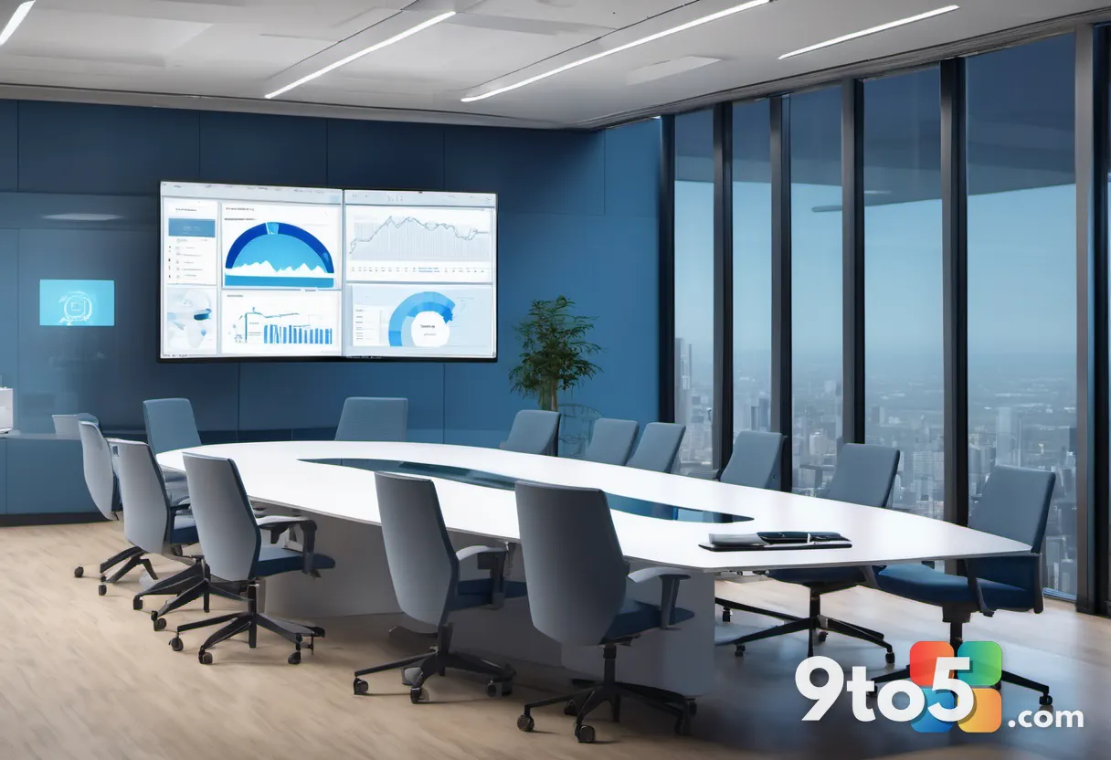 A diverse team of professionals gathered around a boardroom table reviewing glowing data dashboards on large wall screen