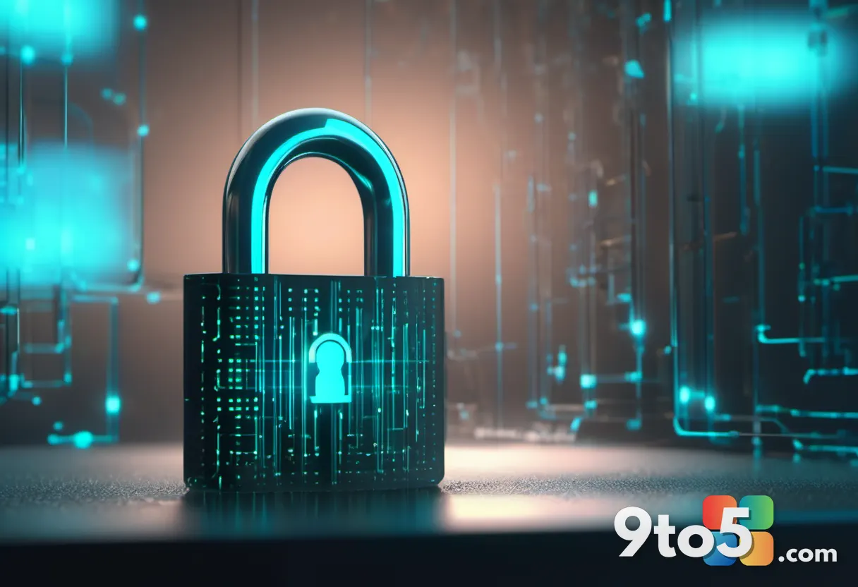 A translucent digital padlock guarding flowing streams of glowing cyan data particles against a dark background, symboli