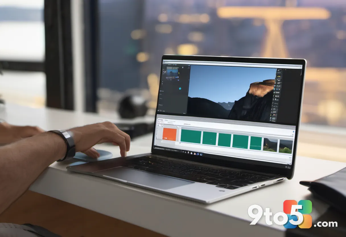 A hand adjusting a timeline in the Clipchamp editor on a laptop, with a glowing 4K resolution badge beside the exported 
