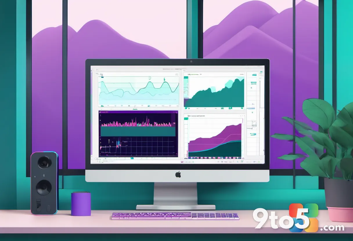 A modern desktop monitor displaying a colorful multi-track video editing timeline, clean flat illustration style, teal a