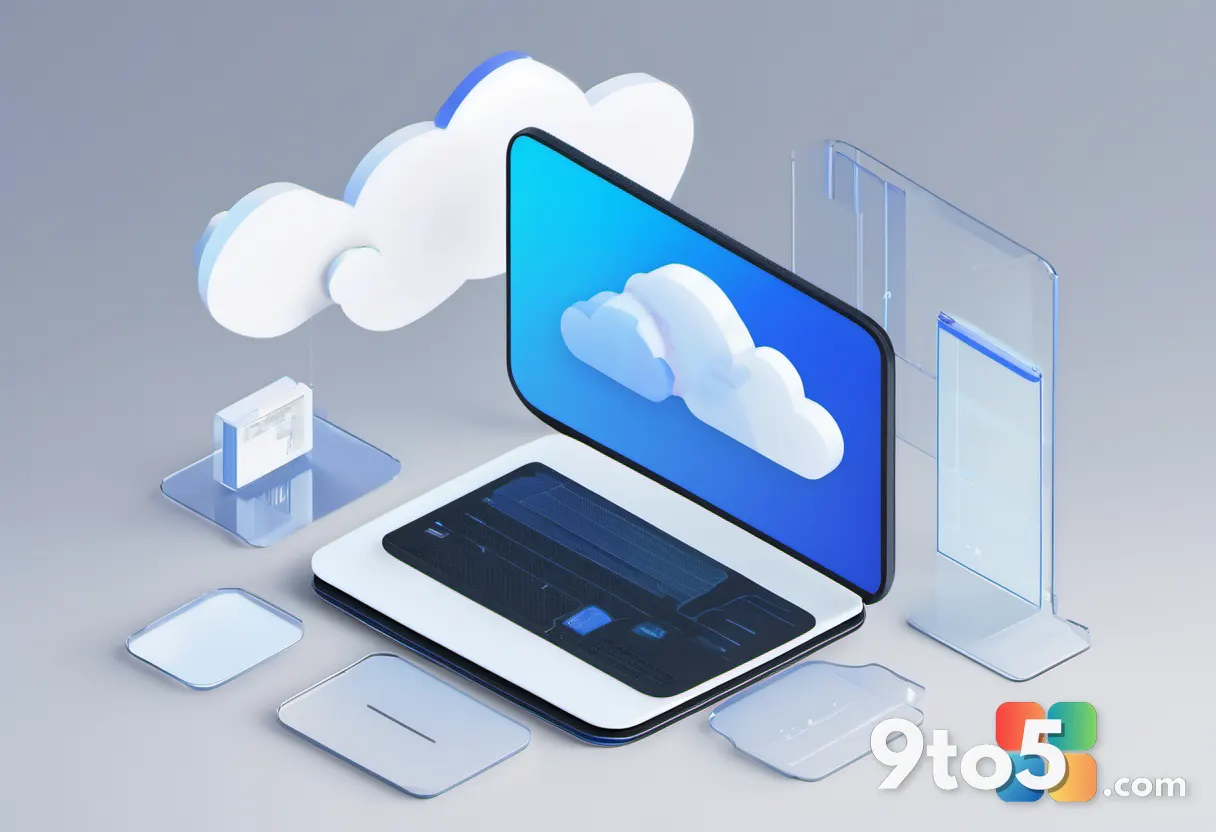 A stylized illustration of data uploading to a soft cloud, representing Clipchamp's cloud rendering, gradients of blue a
