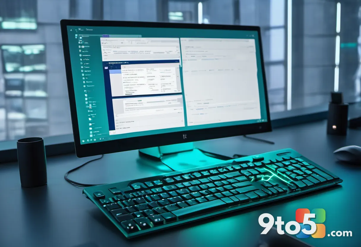 A close-up of hands typing on a backlit keyboard with a terminal window in the background, faint blue light, shallow foc
