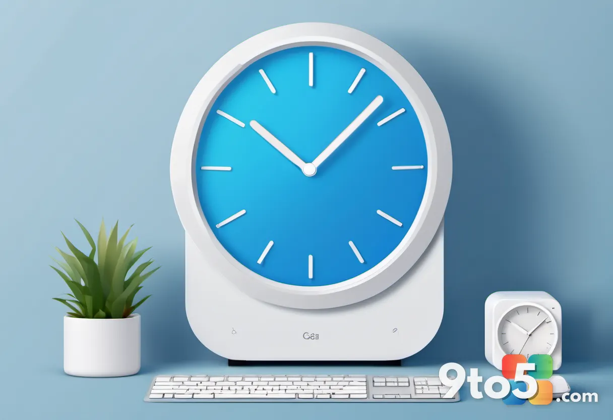 A minimalist illustration of a clock showing thirty minutes beside a packaged app icon on a clean desktop, soft blue gra