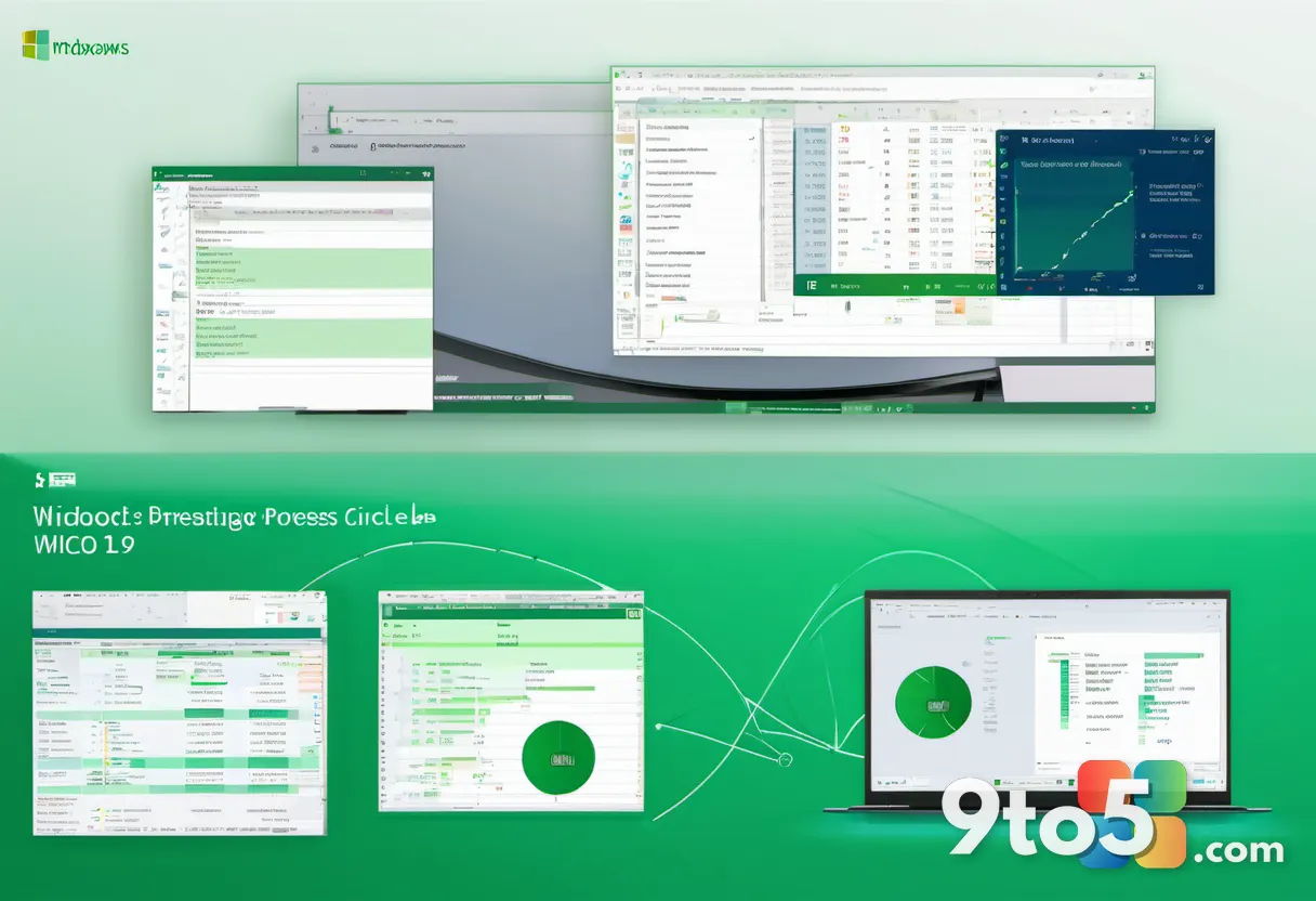 An illustrative render of a Windows update progress circle overlapping a green Excel logo, tech mood, clean composition,