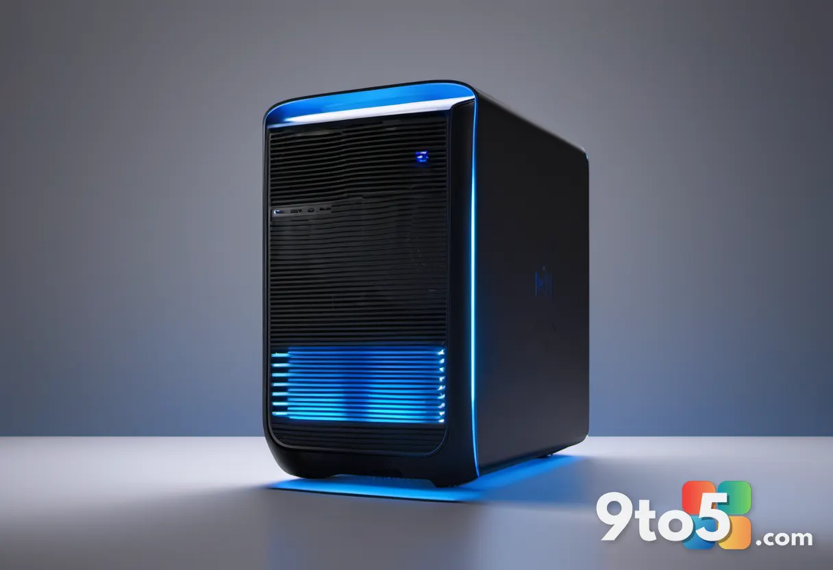 A compact desktop computer with a distinctive ribbed grille design, glowing with subtle blue LED accents, dark backgroun