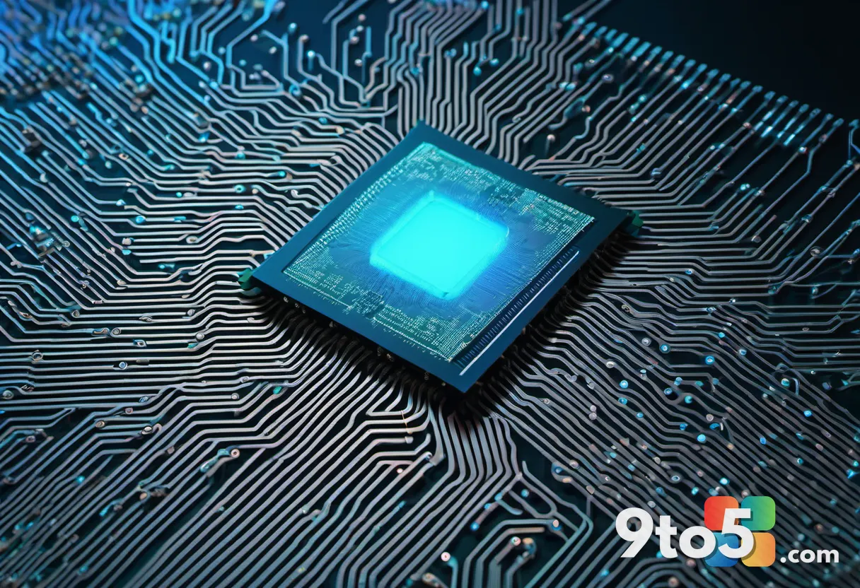 An abstract visualization of a computer processor chip with glowing data streams spreading across multiple cores, blue a