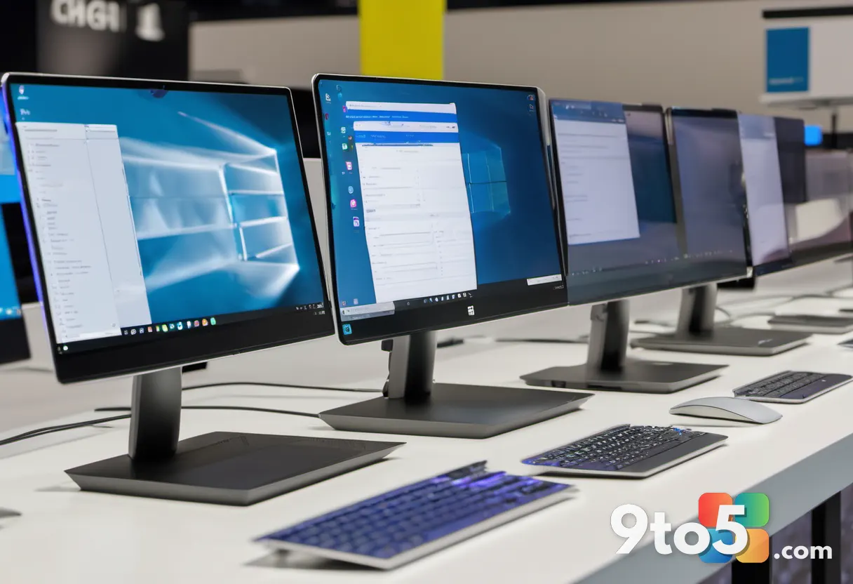 A lineup of several laptop computers from different manufacturers on a display table, modern trade show setting, soft li