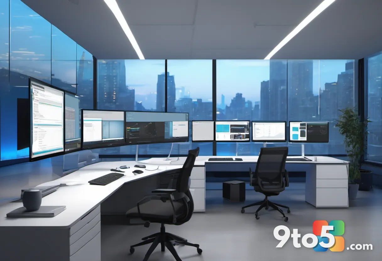 A modern IT workspace with multiple monitors showing policy dashboards, cool blue lighting, professional editorial style
