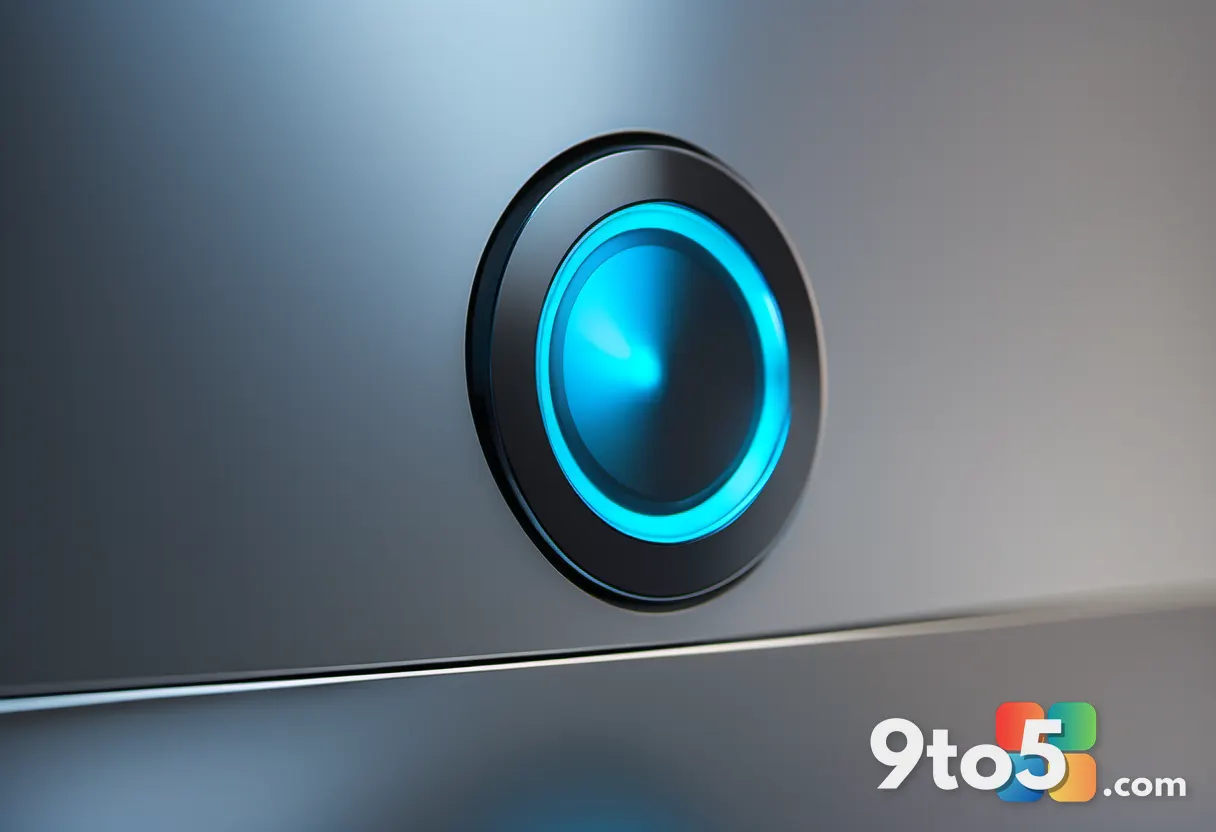 A close-up of a laptop power button emitting a subtle blue glow, cool lighting, minimalist design, shallow depth of fiel