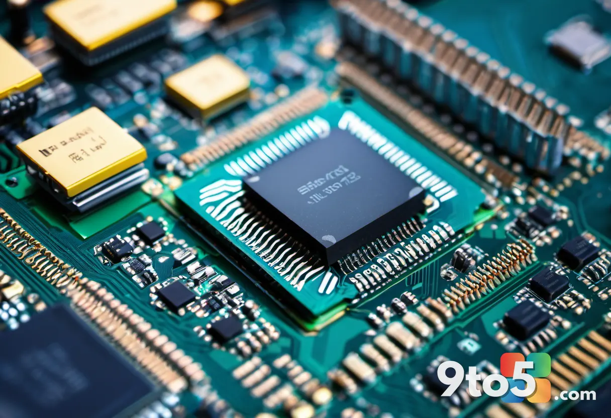 A macro close-up of RAM memory modules on a circuit board, blue and teal LED accents, shallow depth of field, high-detai