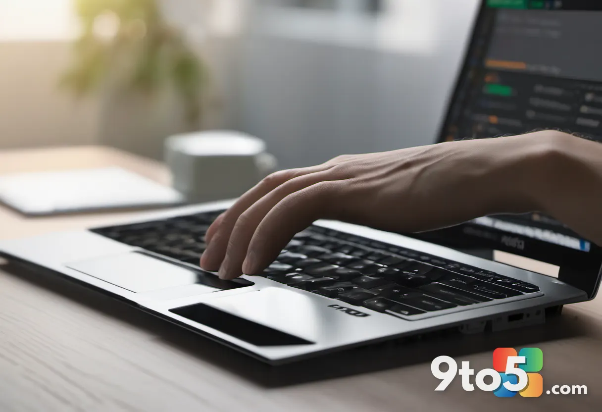 A close-up of hands on a laptop keyboard with a software settings panel open on screen showing a list of add-ins with to