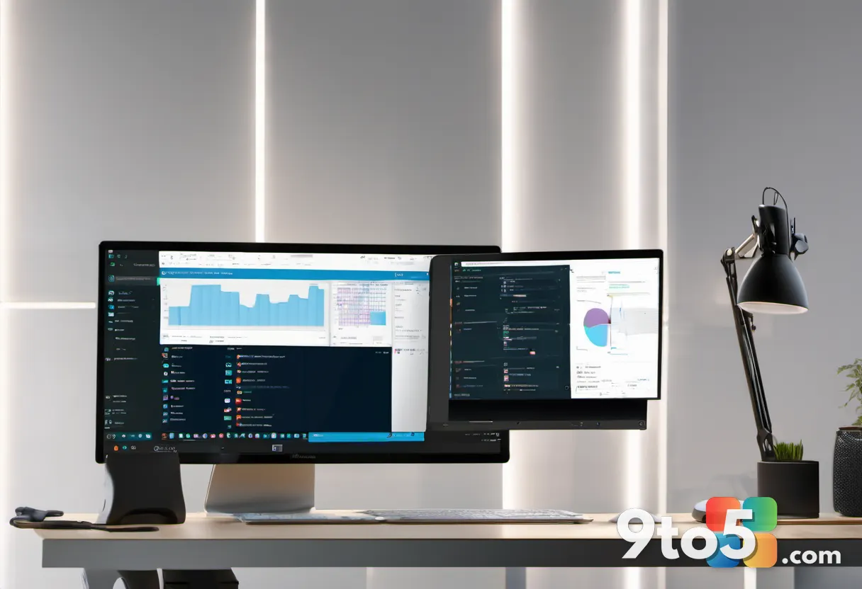 A person working at a modern desk, laptop screen showing Microsoft Copilot and a web browser side by side, soft office l