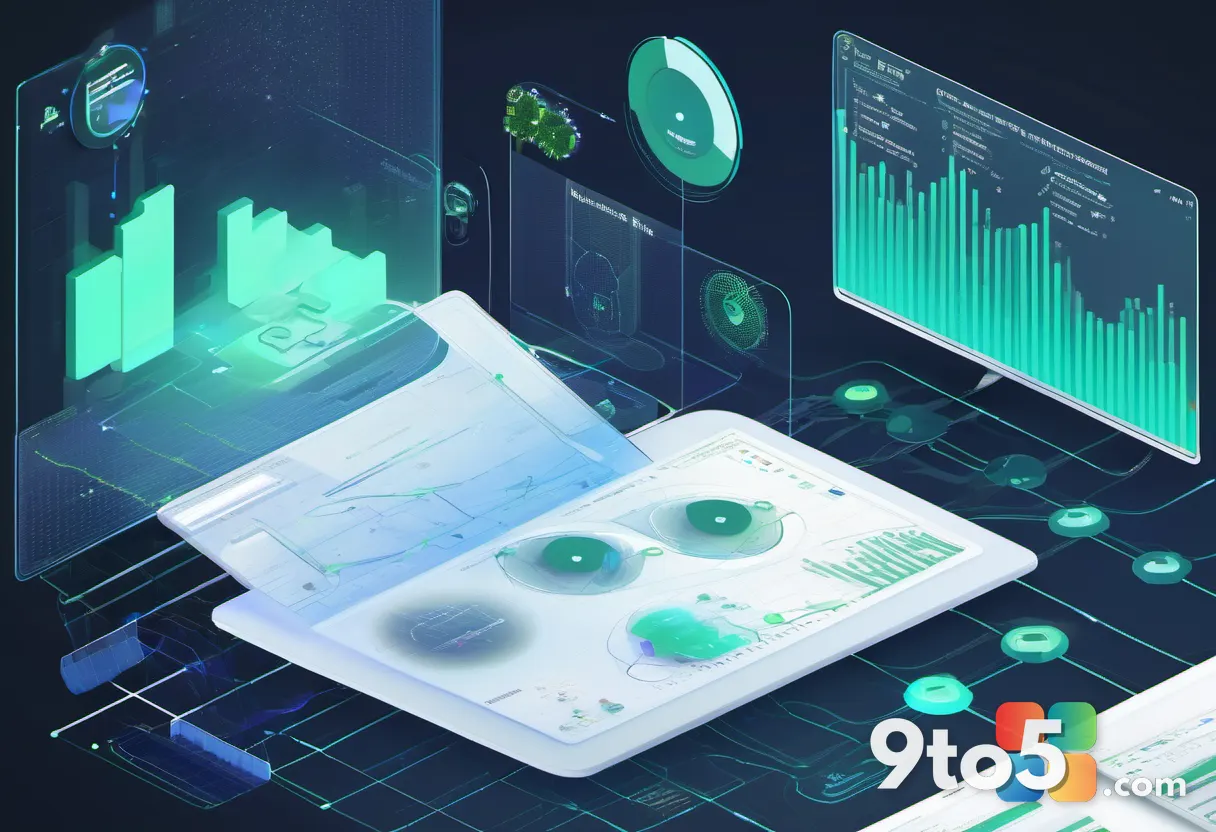 An abstract visualization of enterprise data flowing into an AI assistant, with charts, documents, and workflow nodes co
