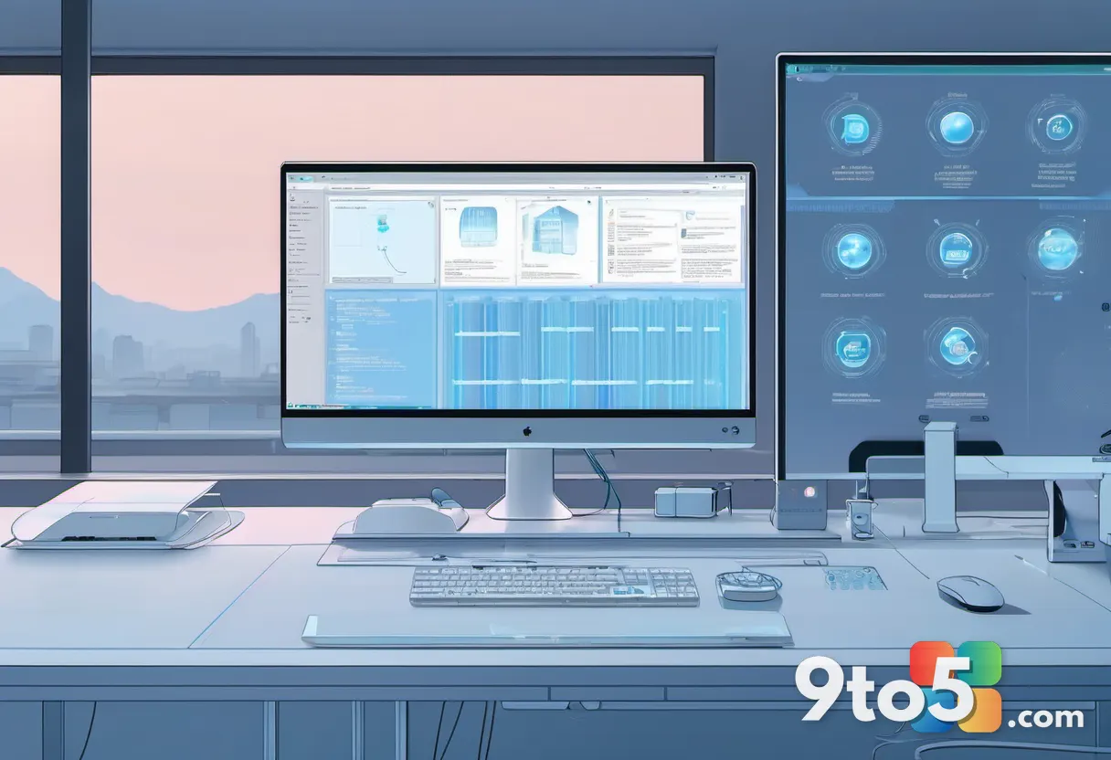 A developer's dual-monitor workstation bathed in soft blue light, with code lines and AI suggestion bubbles reflected on