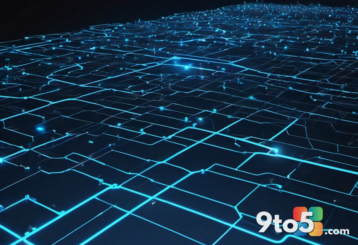 An abstract network of connected nodes and glowing pathways forming an autonomous flow, rendered in deep blue and electr