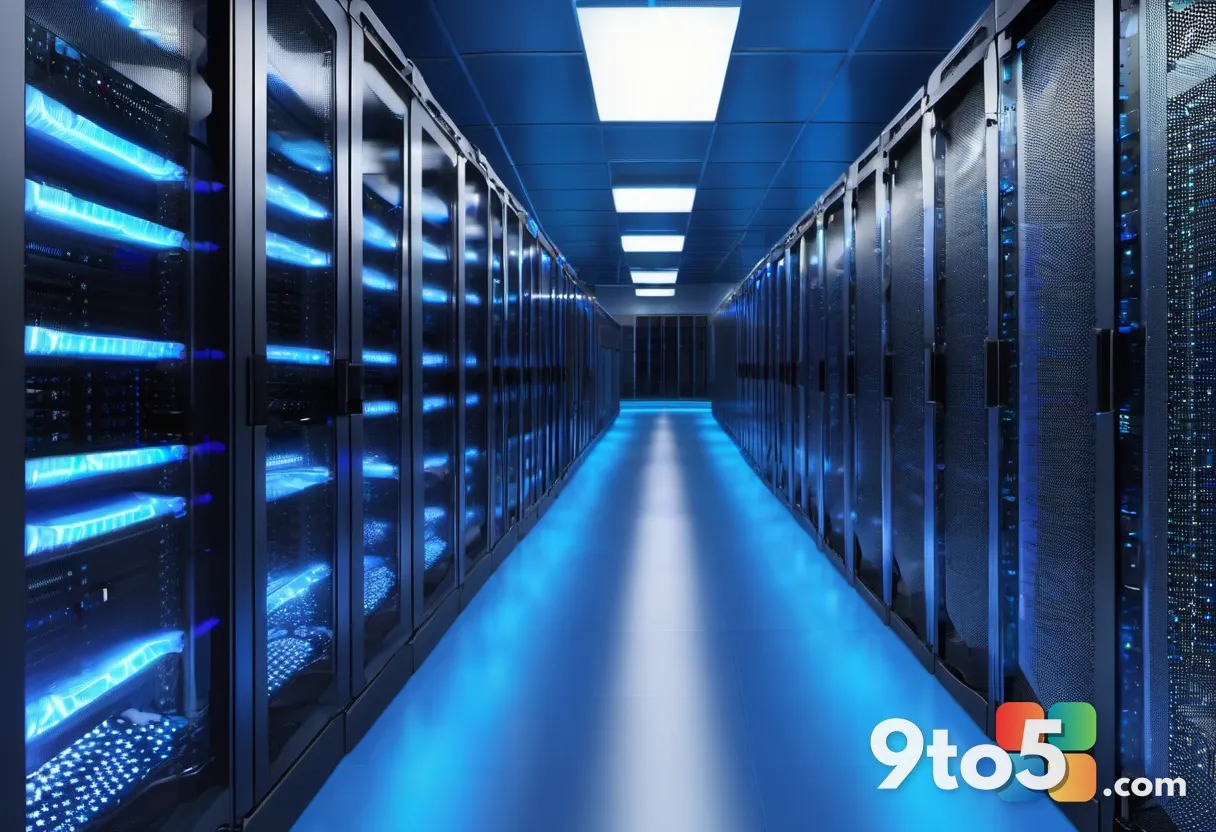 Interior aisle of a data center with endless rows of blinking server racks under cool blue LED lighting, perspective loo