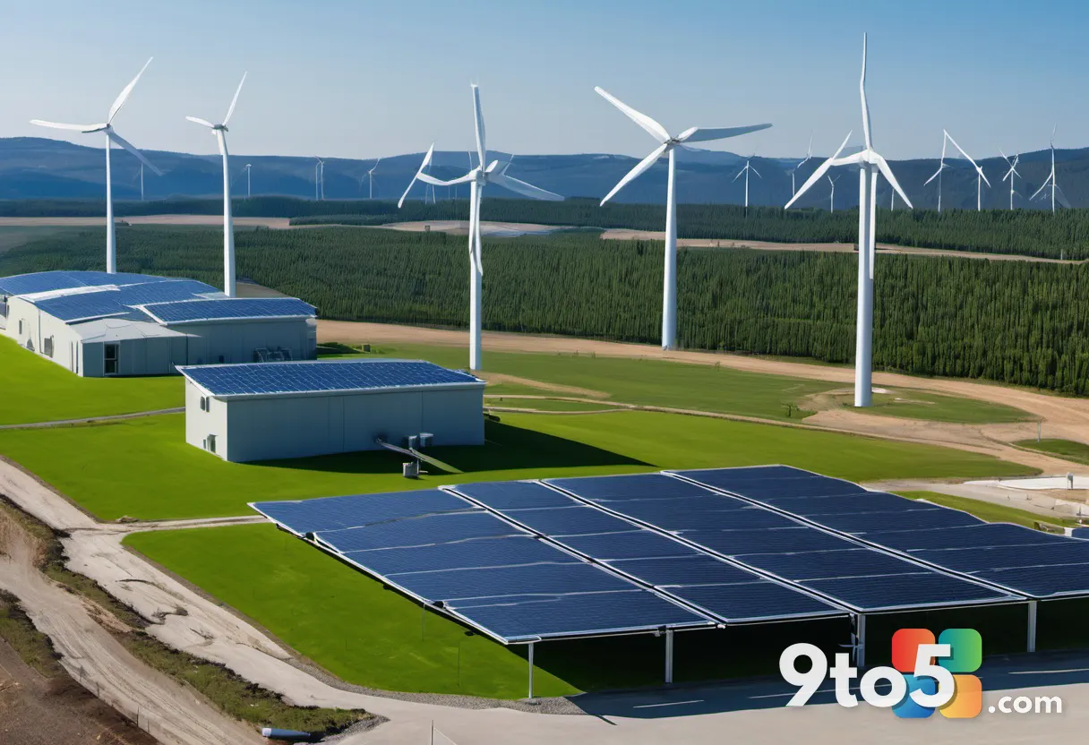 A large solar panel array and two wind turbines beside a data facility during the daytime, clear blue sky, renewable ene