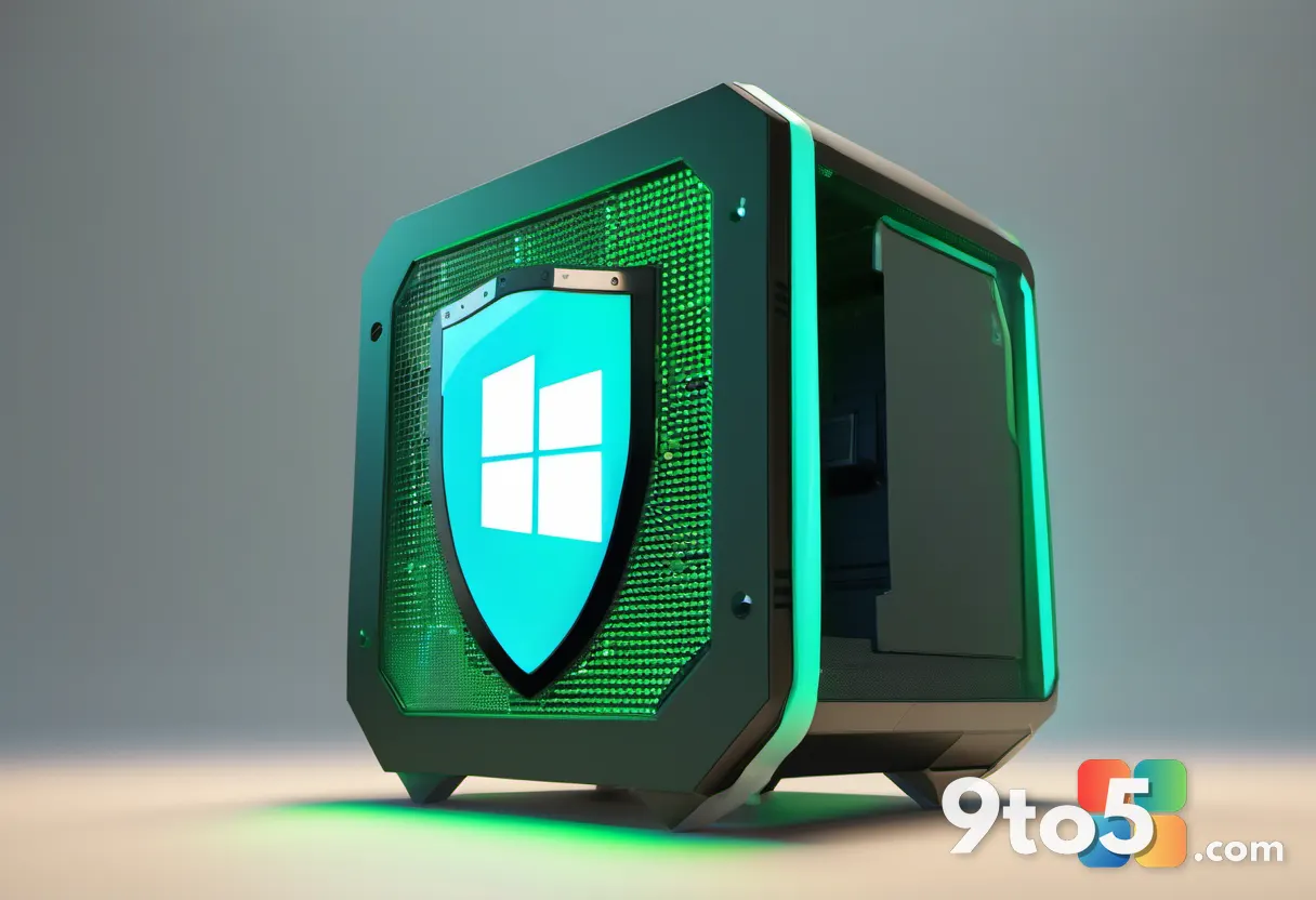 A Microsoft Defender shield icon gently placing a small VLC file into a digital quarantine box, abstract tech background