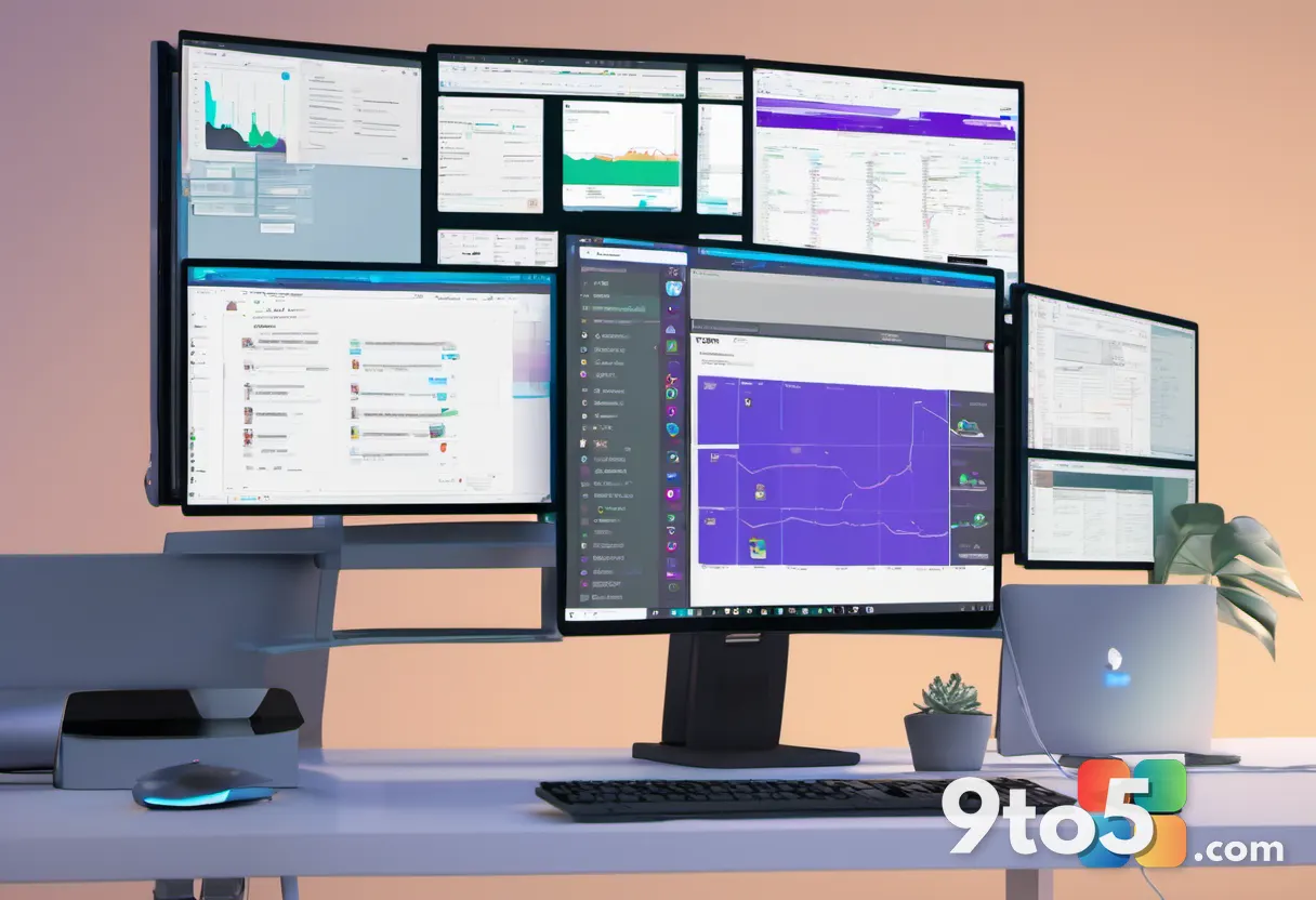 An IT admin at a desk watching several monitors, each showing a benign "protection disabled" pop-up, mild frustration, c
