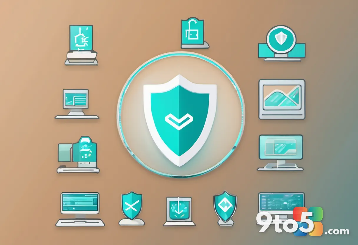 A software update arrow dropping a small shield patch into a Windows Security app icon, clean tech illustration, soft te