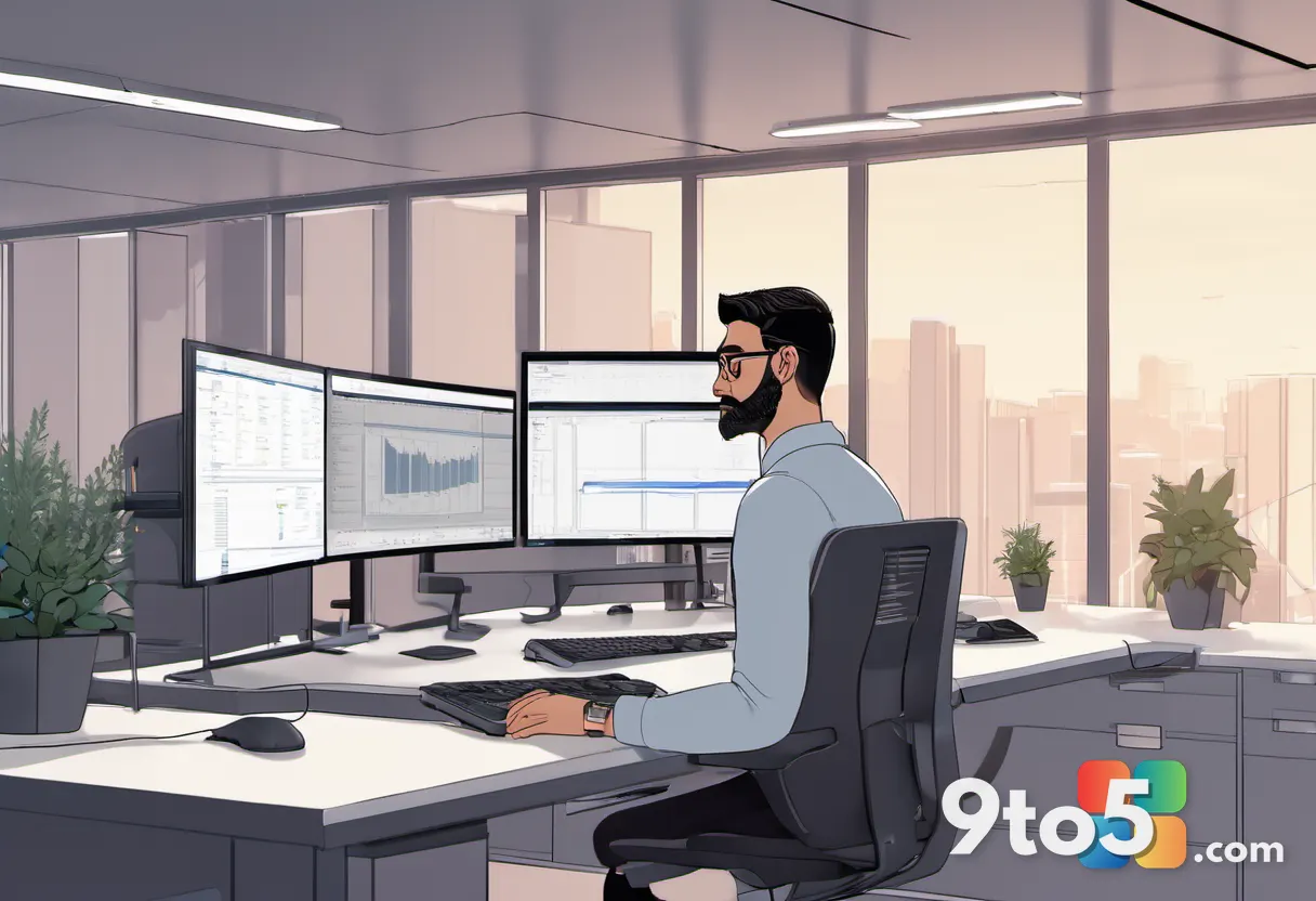An IT administrator at a modern office desk, three monitors showing the Edge Enterprise admin dashboard, focused express