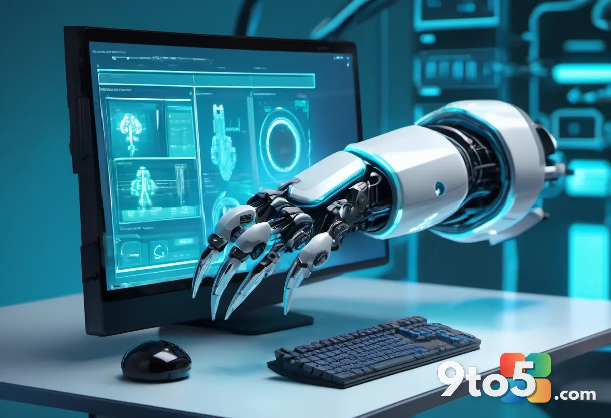 A close-up illustration of a robotic mechanical arm carefully inspecting a glowing browser extension icon on a scanning