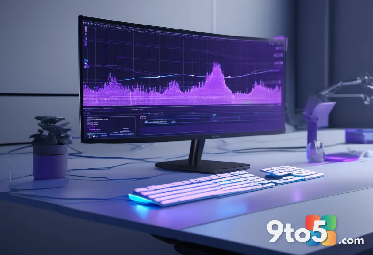 A close-up of a developer's hands on a keyboard with a glowing monitor showing abstract performance charts and flowing d
