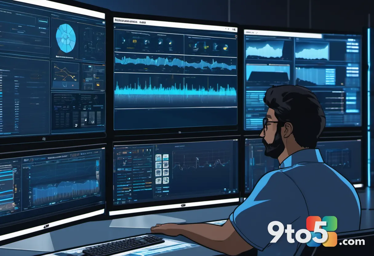 A professional IT administrator reviewing a fleet of computers on a large monitoring dashboard in a dimly lit control ro