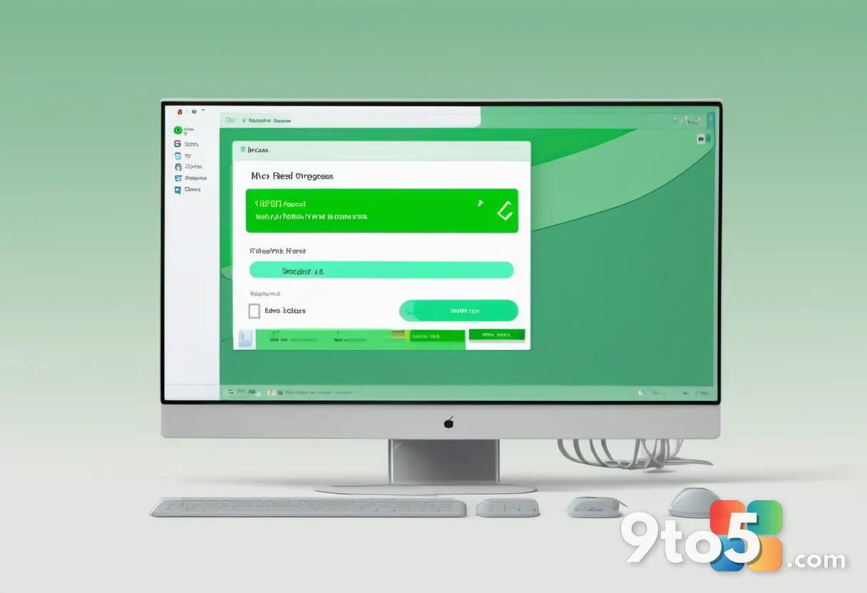 An animated upgrade progress bar filling across a clean computer screen with a checkmark appearing at the end, soft gree