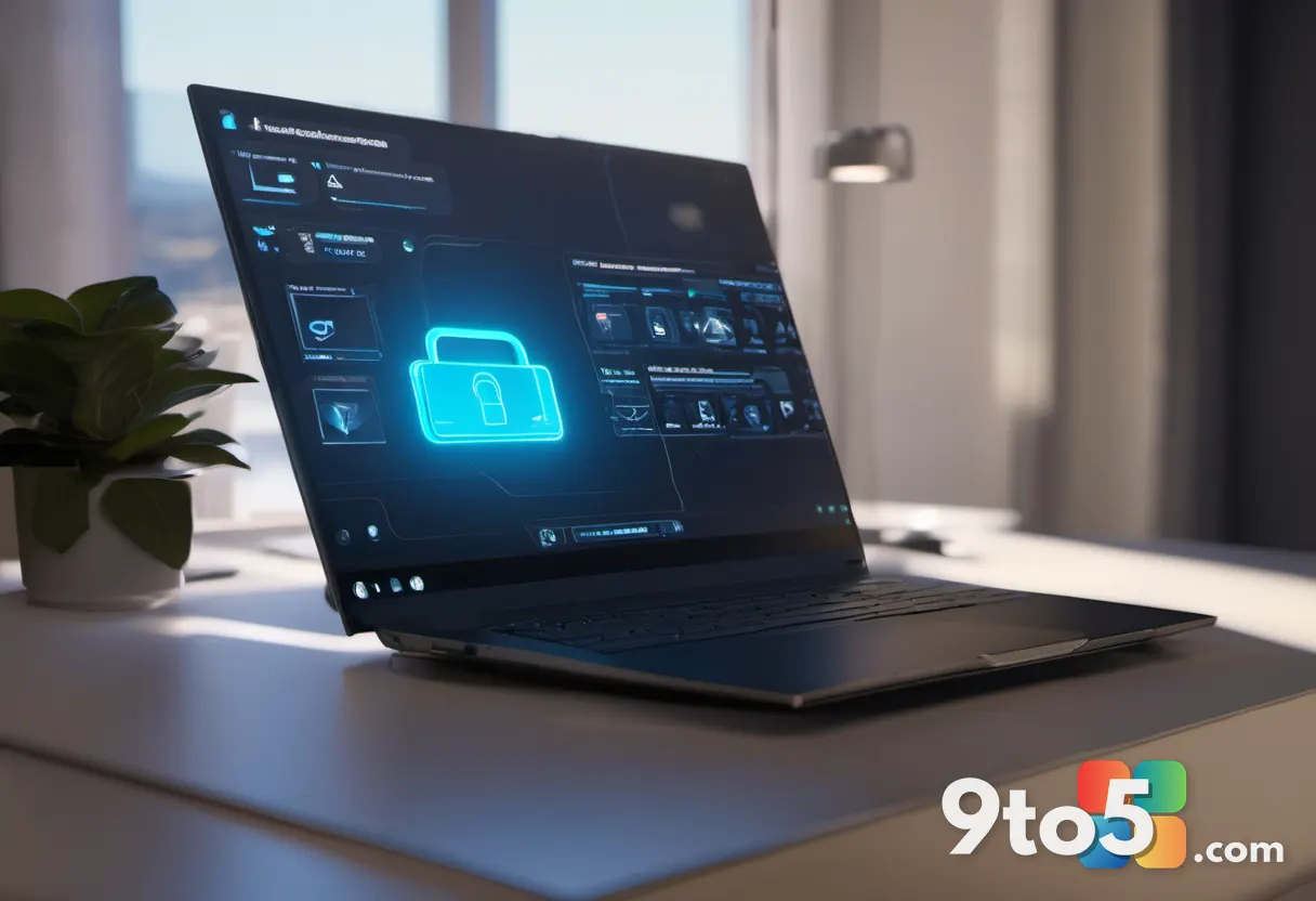 A person working on a laptop at home with a subtle glowing padlock and shield graphic overlay representing secure per-ac