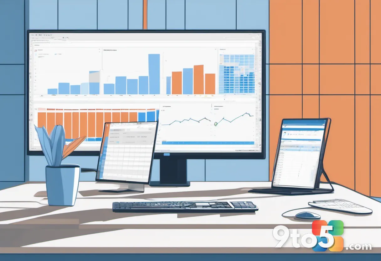 A modern workspace illustration of a hand dragging a bar chart onto a blank canvas beside a spreadsheet, soft blue and o