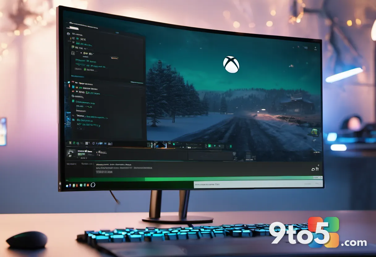 Close-up of a gamer's hands on a keyboard with a translucent Xbox Game Bar overlay floating above a monitor, showing a r