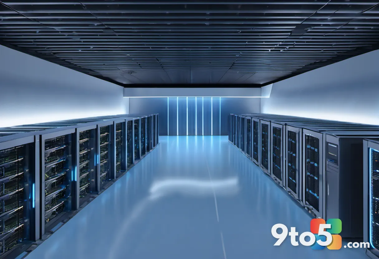 A top-down view of a modern data center with rows of server racks bathed in soft blue light, representing enterprise dat