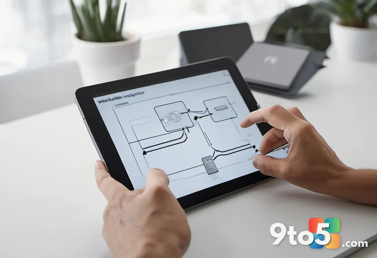 A close-up of a hand using a stylus on a tablet displaying a migration flowchart with arrows pointing from one database 