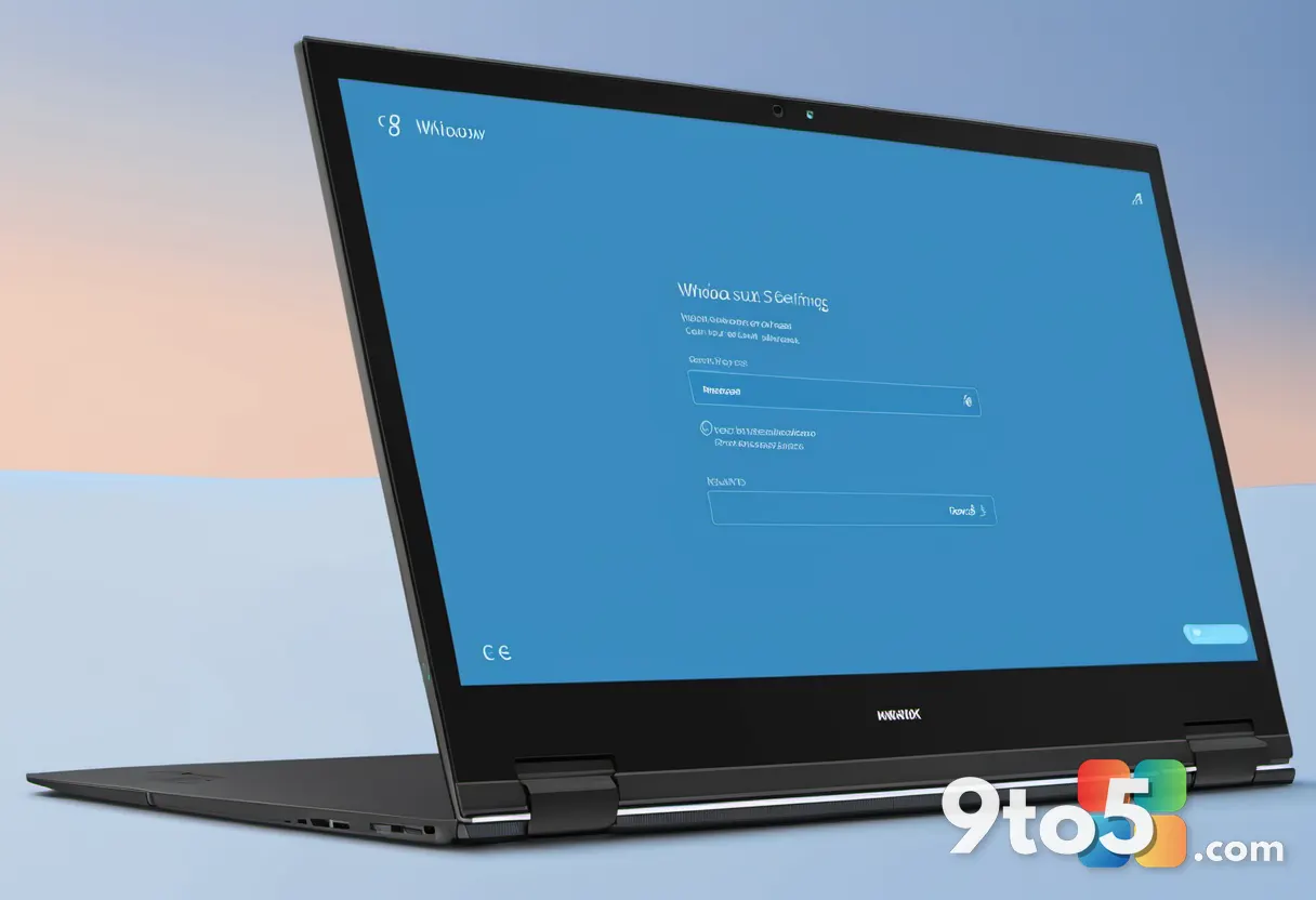 A Windows Update settings panel on a laptop screen showing a progress bar and checkmark, with a clean light-blue interfa