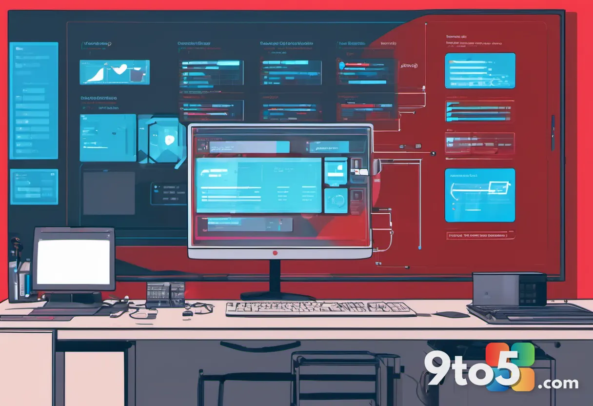 An IT admin at a monitoring dashboard showing red alert icons for failed remote desktop sessions, dim room, blue and red