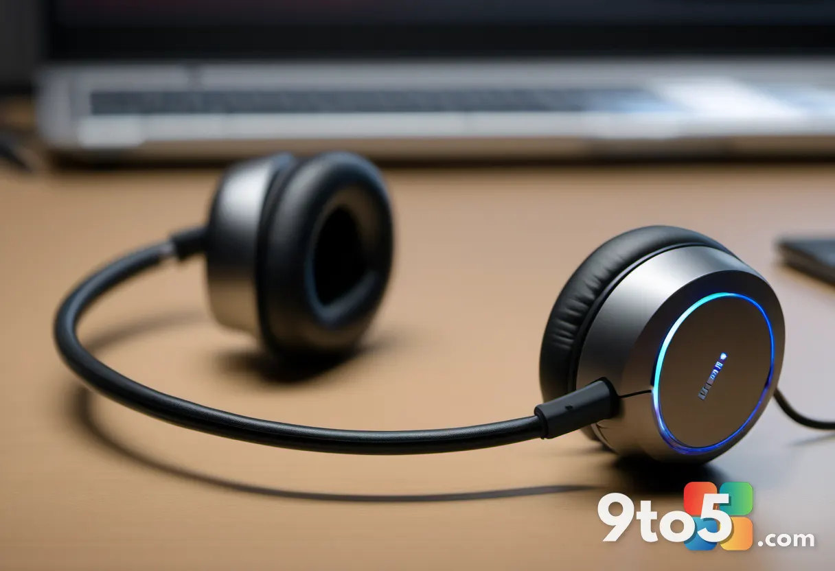 A close-up of a USB headset on a desk with a muted audio meter, soft warm lighting, shallow depth of field, photographic
