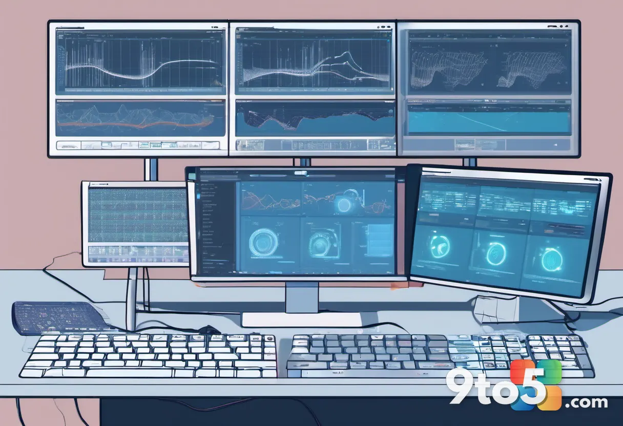 Close-up of hands typing on a keyboard with soft blue light, multiple monitor screens showing code and a flowing network