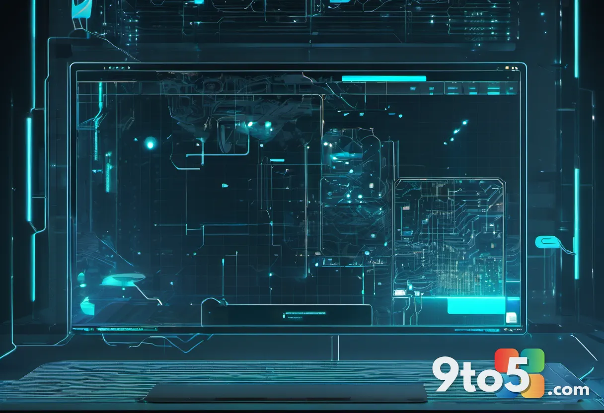 Abstract illustration of a digital assistant agent with circuit patterns and data streams in blue and teal, floating in 