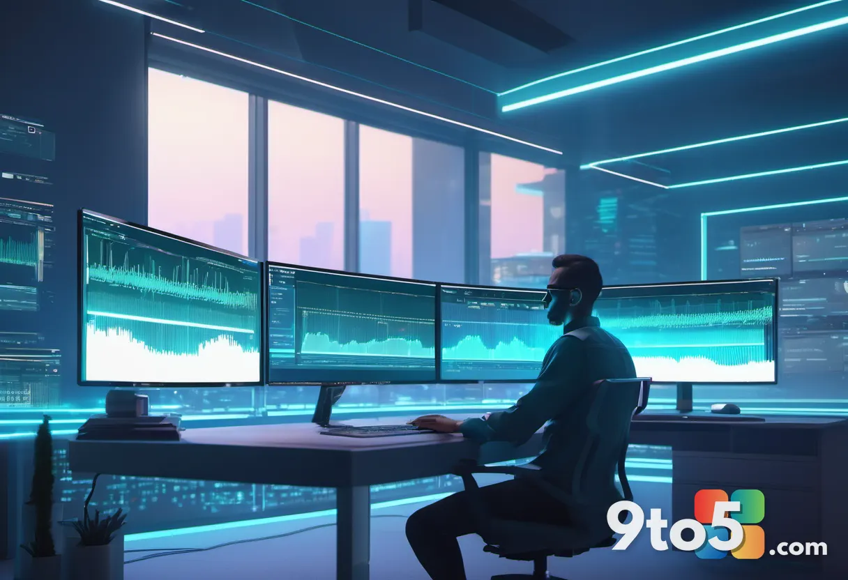 A developer at a modern desk reviewing code on dual monitors, with translucent glowing voice-waveforms hovering in the a