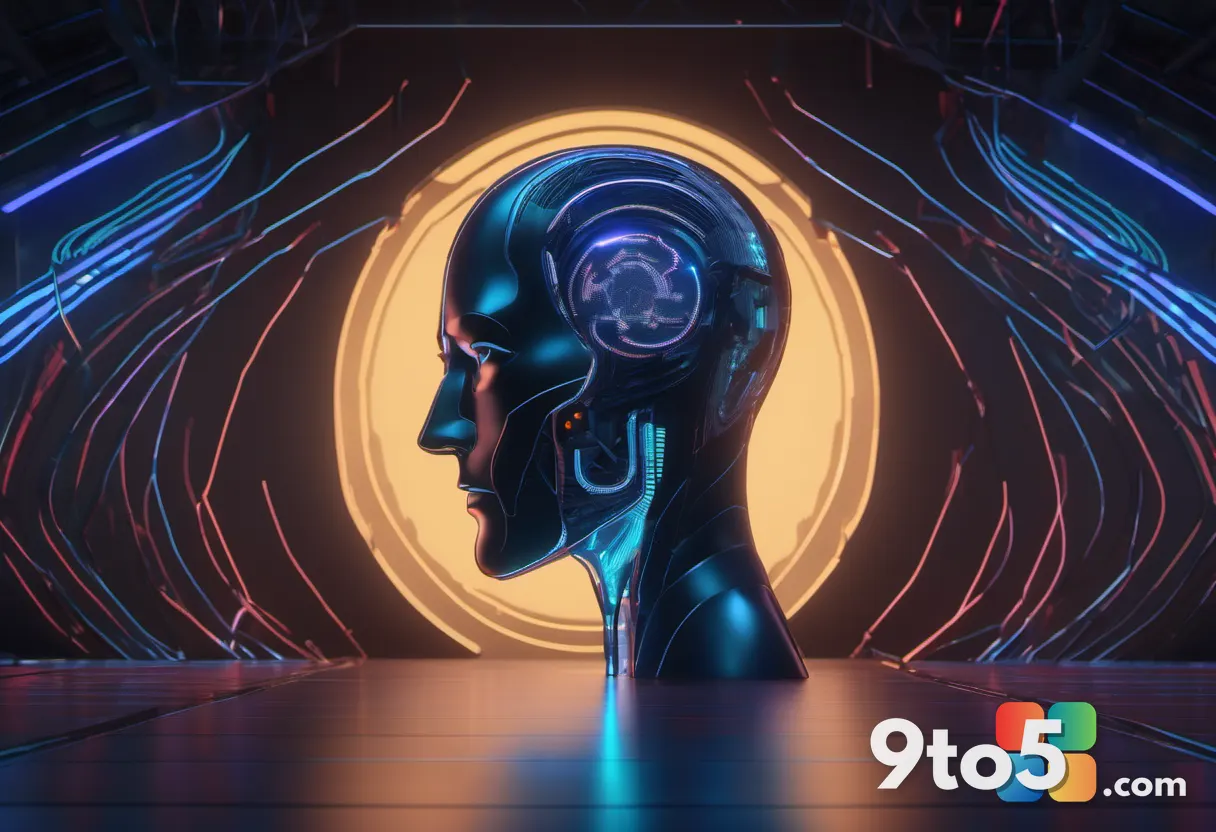 An abstract conceptual image showing two glowing AI avatars facing each other in conversation, one in blue and one in mu