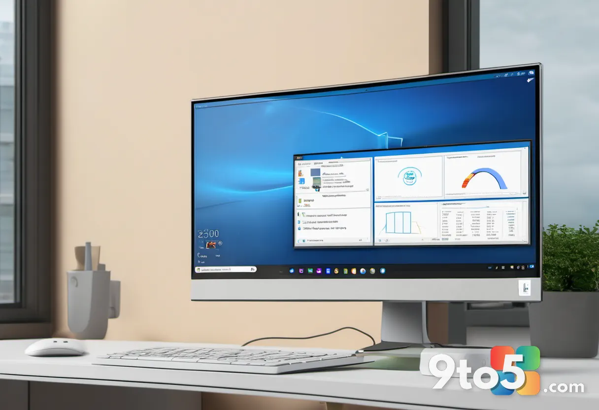 A close-up of a Windows Backup app window on a monitor showing two transfer options side by side, with a soft office des