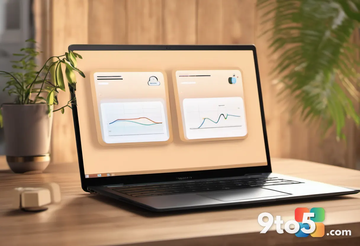 Two laptops on a wooden desk connected by a glowing Wi-Fi signal, with document icons floating between them. Warm lighti