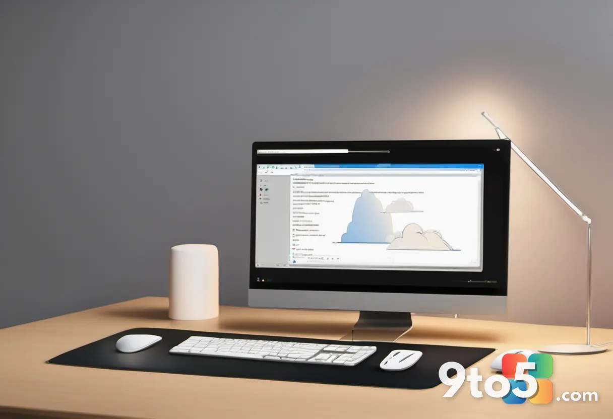 A OneDrive cloud icon with an arrow pointing toward a new computer on a desk, in warm ambient lighting. No text, logos, 