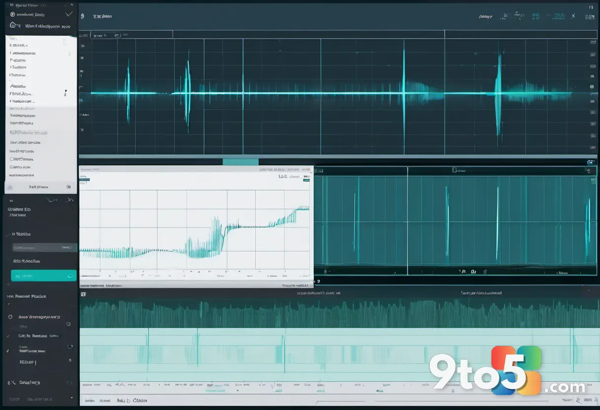 A split-screen composition showing an audio waveform on the left and transcribed text lines on the right, rendered in a 